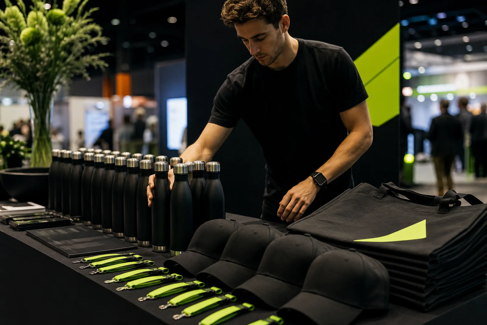 A trade show booth table with branded merch