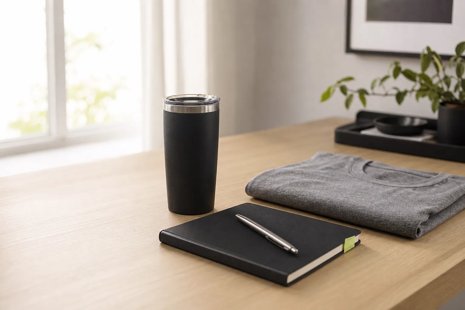 Branded tumbler, notebook, pen, and t-shirt on a bright modern desk
