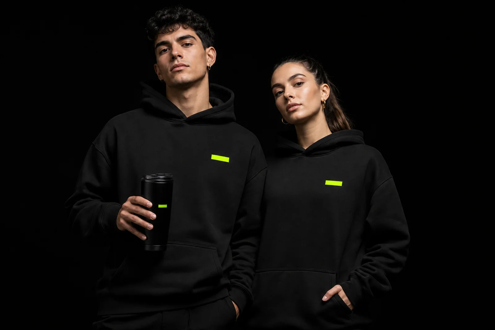 Two people wearing branded black hoodies