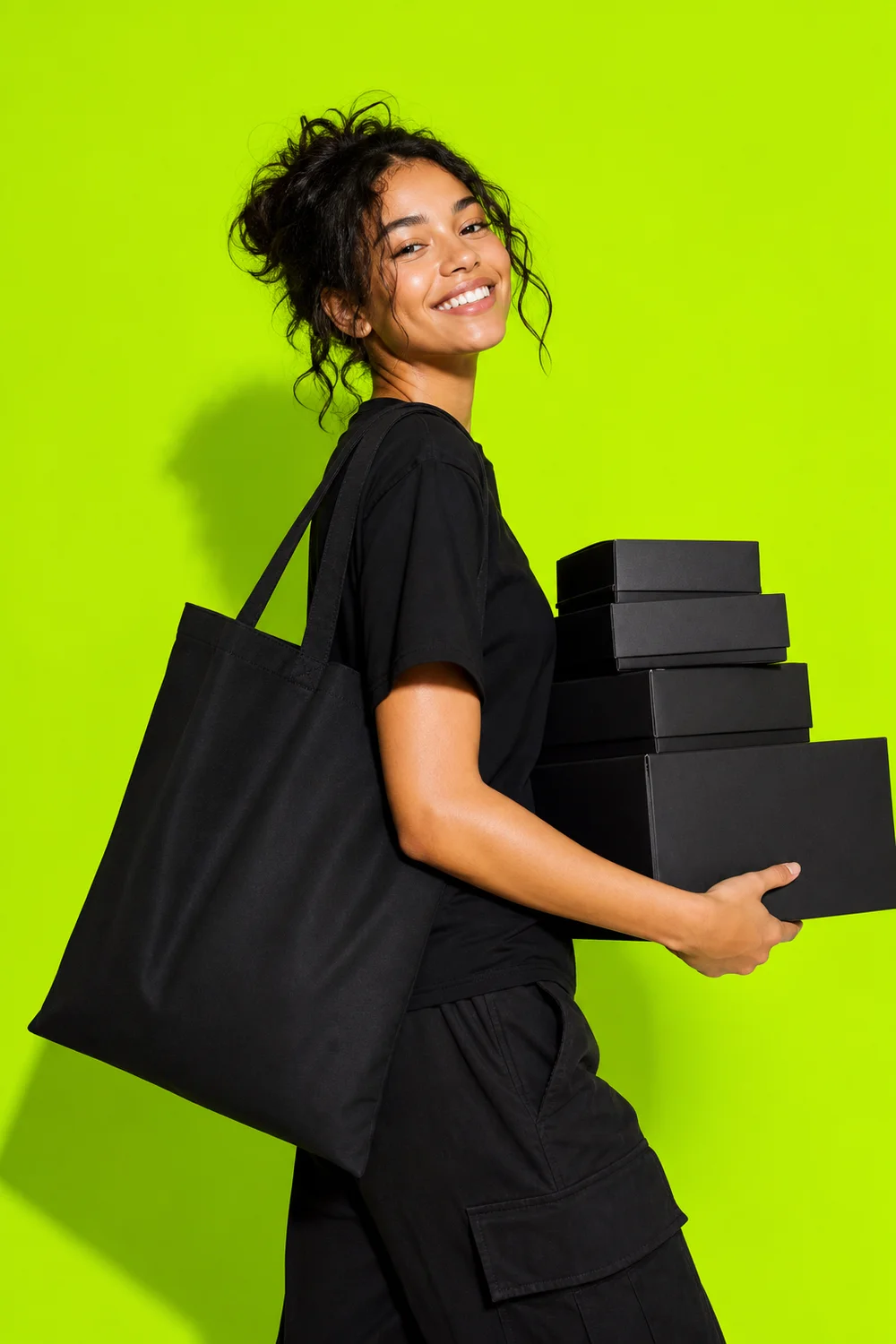 A smiling woman carrying a black tote bag and a stack of black gift boxes