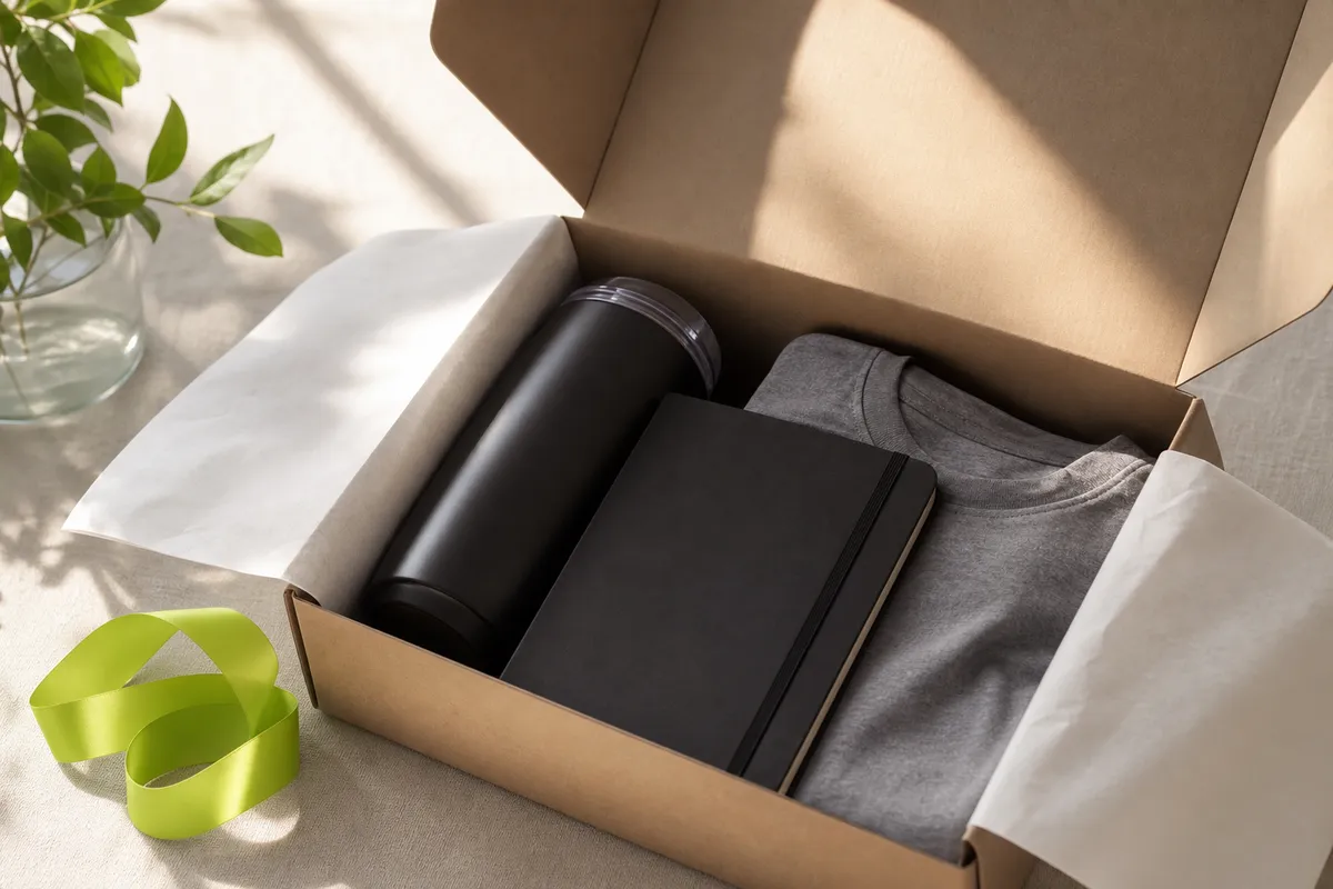An opened branded welcome kit with a tumbler, notebook, and t-shirt