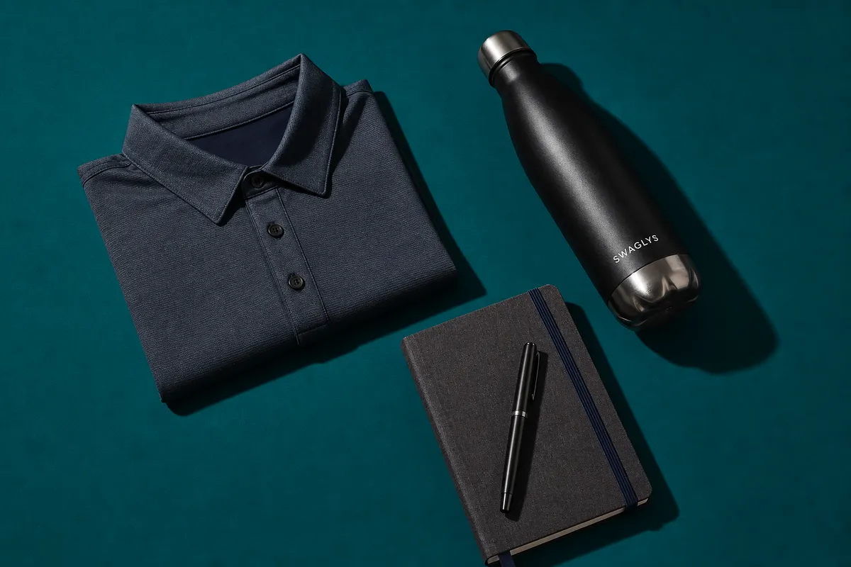 An executive gift set with a navy polo, black stainless bottle, pen, and linen journal