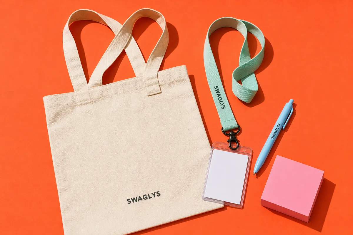 A trade show giveaway pack with a cotton tote, mint lanyard, blue pen, and pink sticky note cube