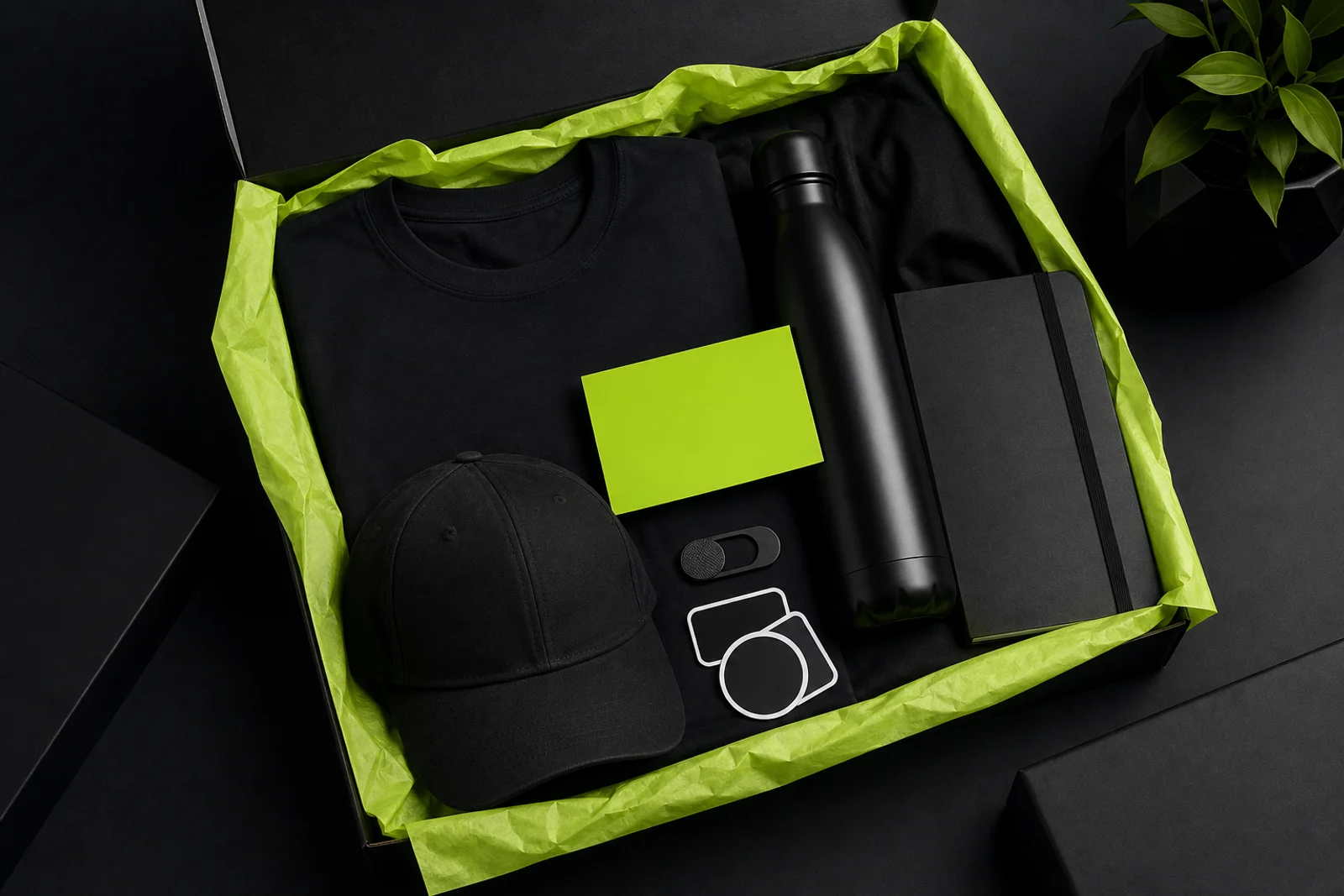 A premium black welcome kit box with lime tissue paper