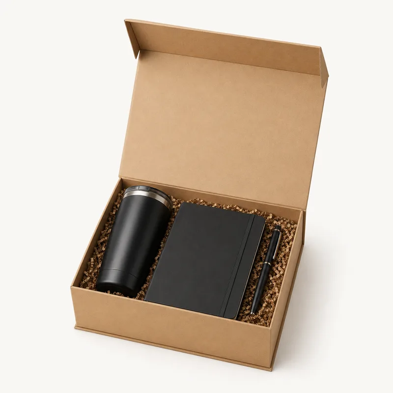 A kraft welcome kit gift box with branded items inside